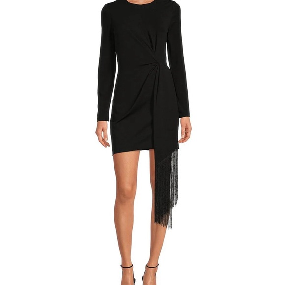 Belle Badgley Mischka: Harley Crepe Fringe Crew Neck Long Sleeve Bodycon Dress - Picture 4 of 4